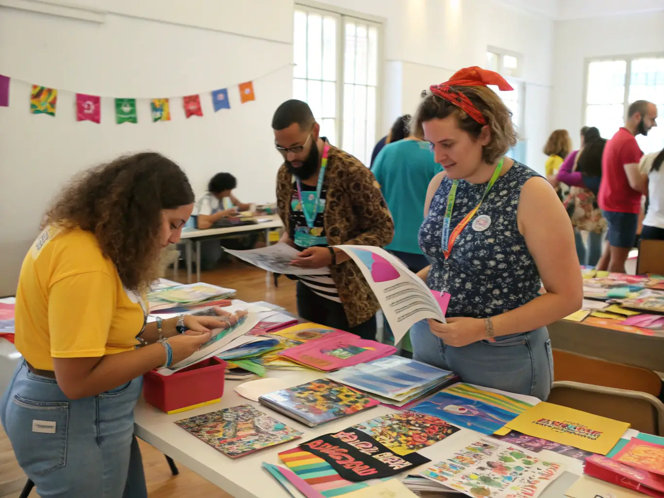 A vibrant workshop scene where volunteers are sorting and organizing recovered scenographic materials, showcasing the initial stage of ARTSTOCK's recovery program.