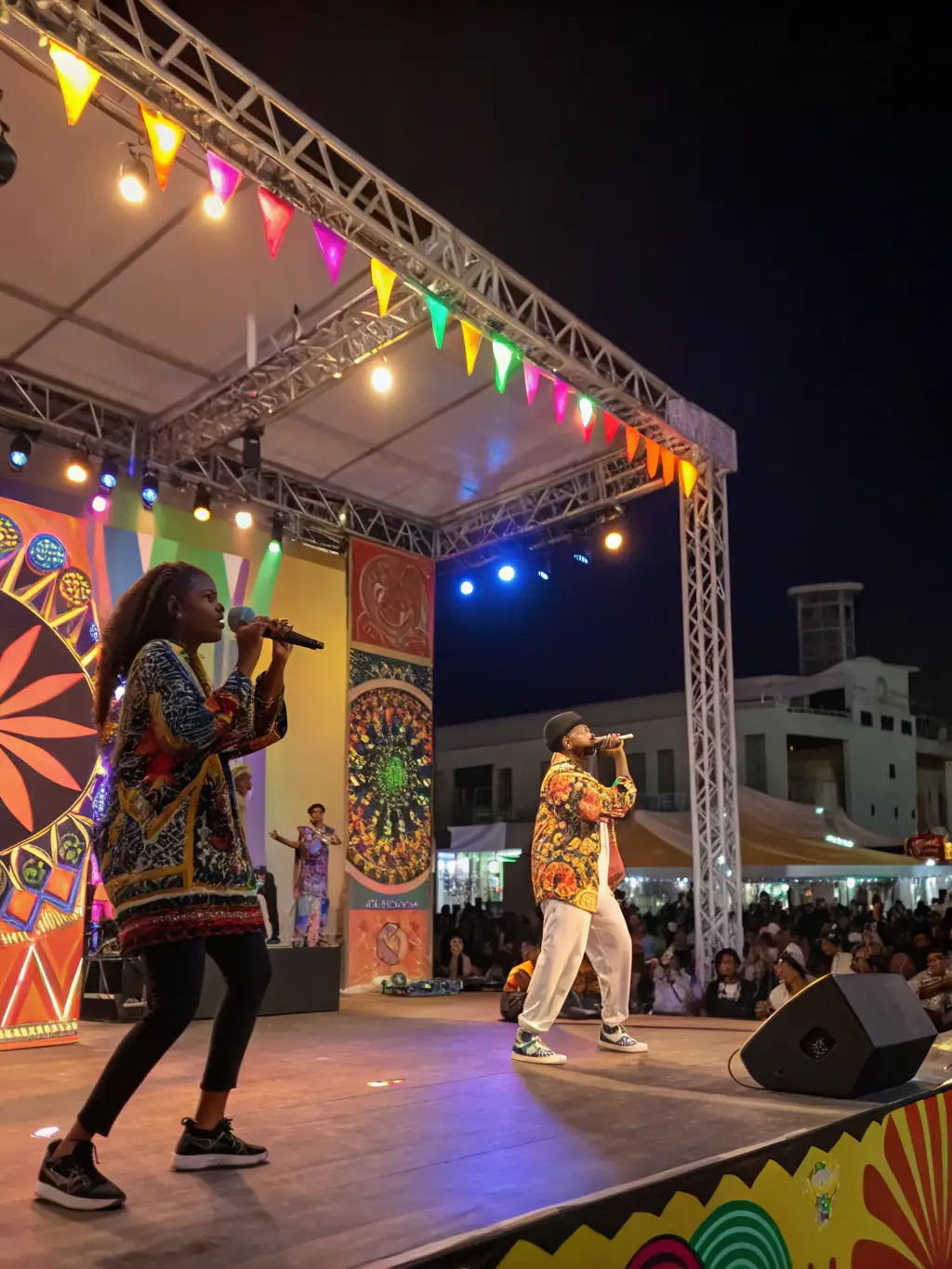 An image showing a diverse group of people participating in a cultural event organized by ARTSTOCK, using repurposed scenographic materials as part of the set design.