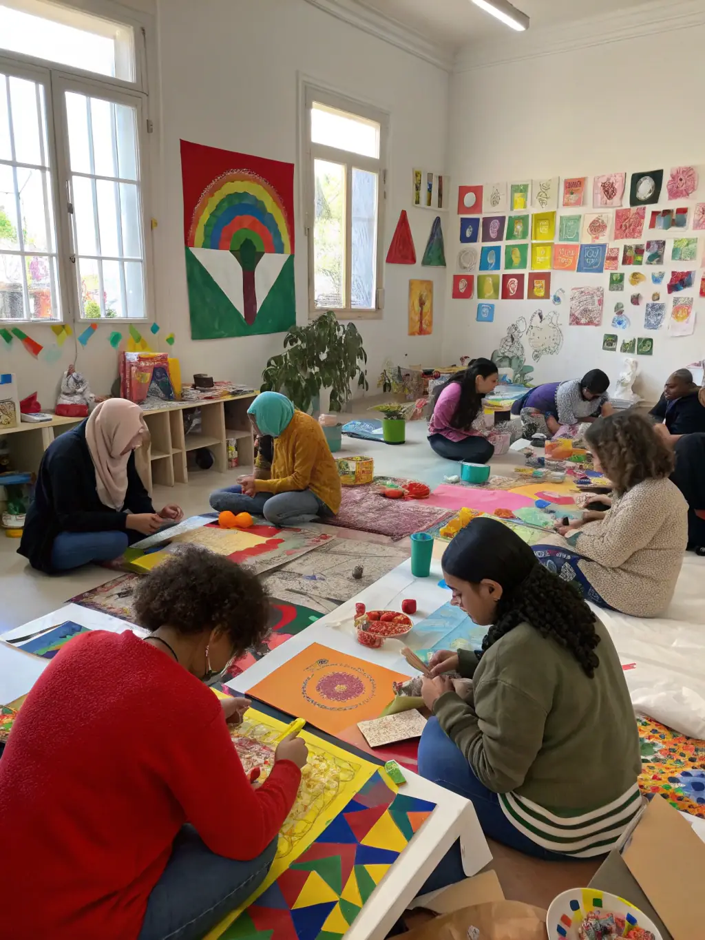 A photo of a workshop where artists are transforming discarded scenographic elements into new art pieces, highlighting the creative reuse aspect of ARTSTOCK's work.