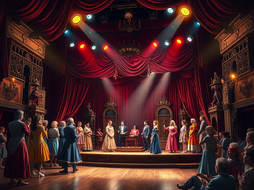 A striking image of a theatrical set or art installation created entirely from recovered scenographic materials, showcasing the artistic potential and the impact on the cultural sector.