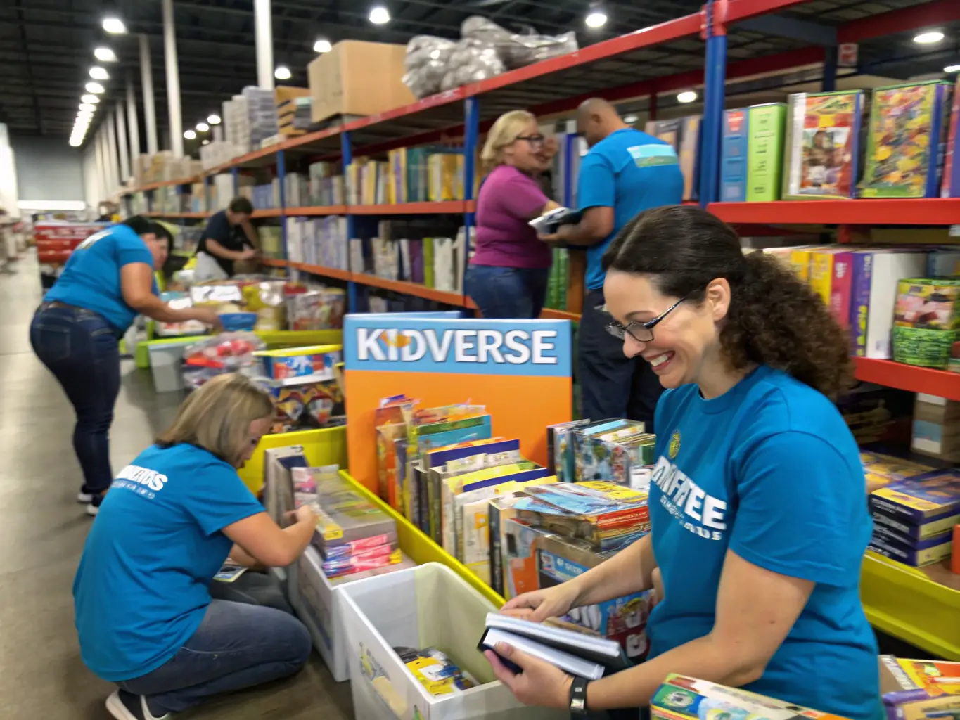 A vibrant image showing volunteers sorting and organizing recovered scenographic materials in a well-lit warehouse, emphasizing the community aspect and the scale of the operation.