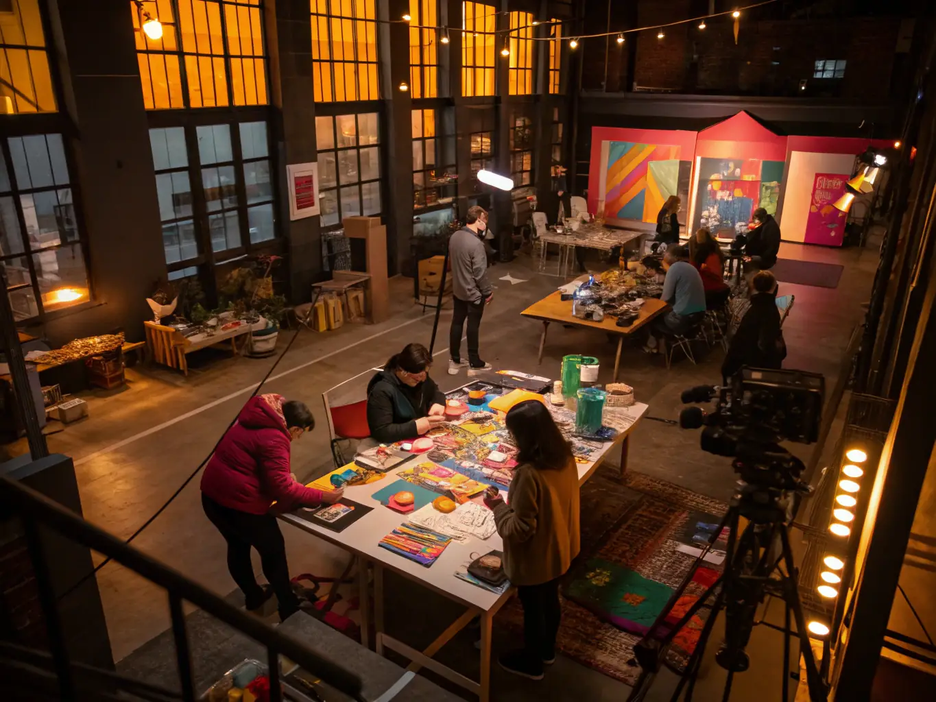 An image showing a vibrant workshop with artists and technicians sorting and repurposing theatrical props and set pieces.