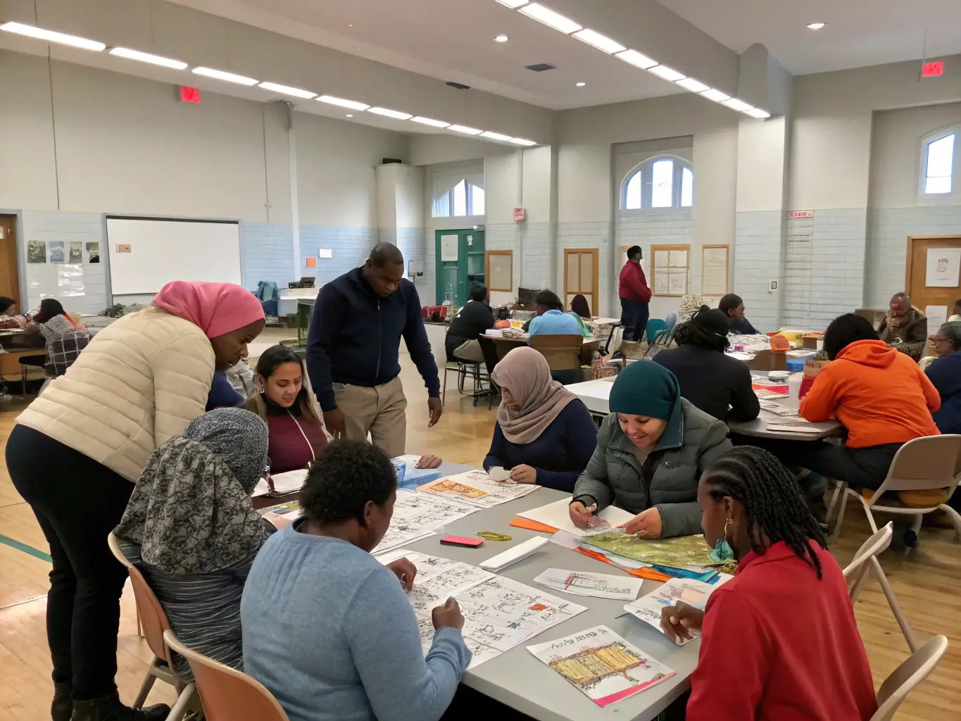 A photo of a community workshop where participants are creatively repurposing scenographic materials into new art pieces, highlighting the educational and social benefits.