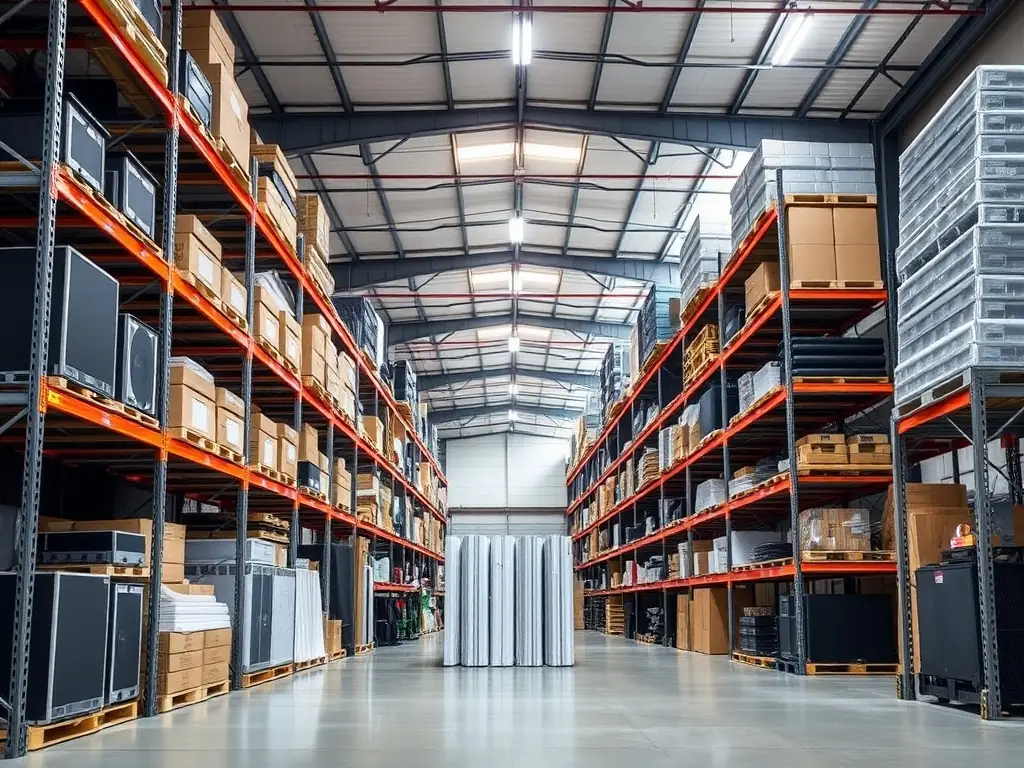 A picture of a warehouse filled with organized shelves of various scenographic materials ready for reuse.